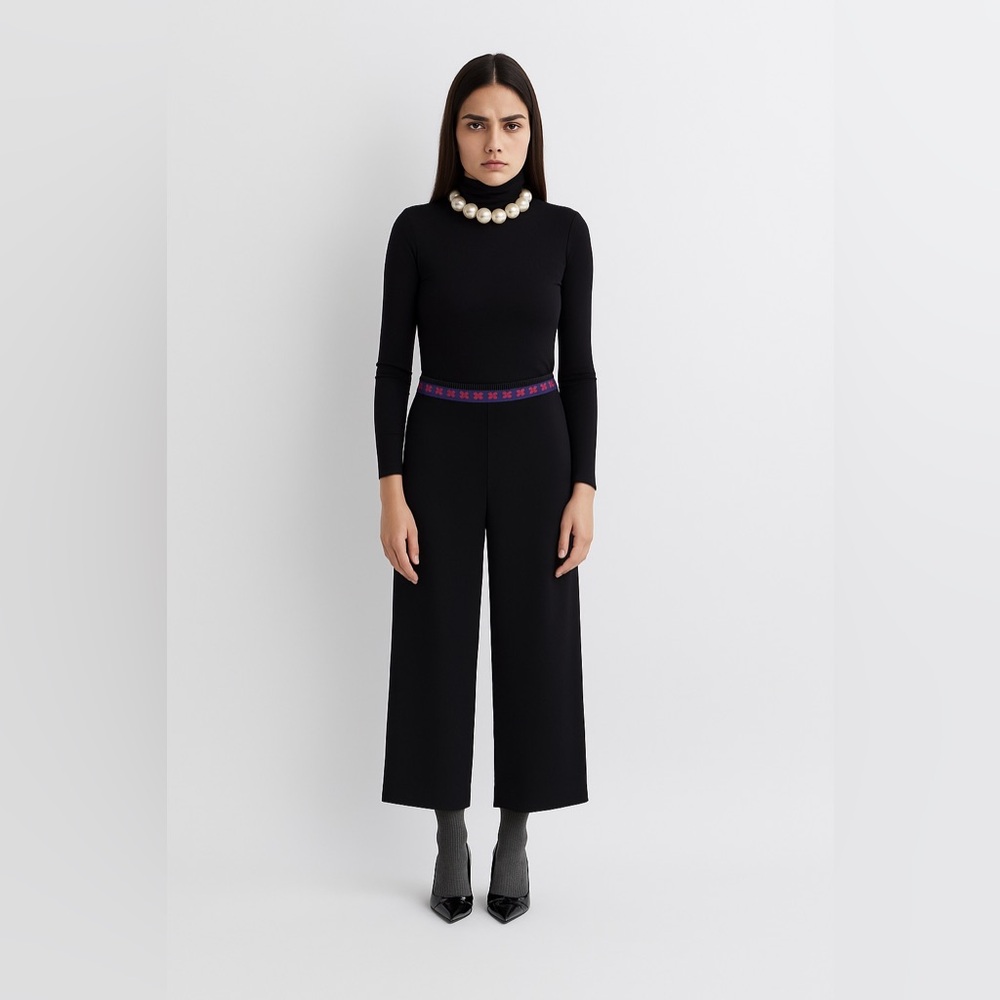 Manoush Coco Wide Leg Cropped Pants Black Embroidered Waist EU 42 US 10
